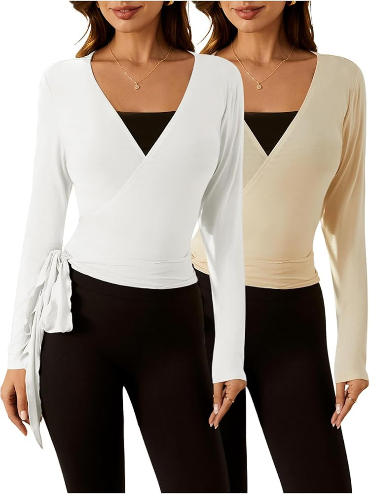 SweatyRocks Women's 2 Pack Yoga Shirts Wrap Ruched Tie Front Long Sleeve Workout T Shirts | Amazon (US)