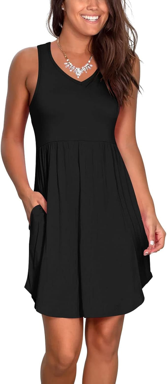 Atizon Casual Summer T Shirt Dress for Women V Neck Swing Elastic Tunic Short Sundress with Pocke... | Amazon (US)