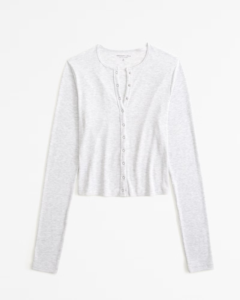 Abercrombie & Fitch Women's Long-Sleeve Featherweight Rib Henley Top in Light Grey - Size XXS | Abercrombie & Fitch (US)