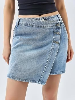 Cicy Bell Womens Denim Mini Skirt Casual Wrap Button Asymmetrical Hem Summer Jean Skirts | Amazon (US)