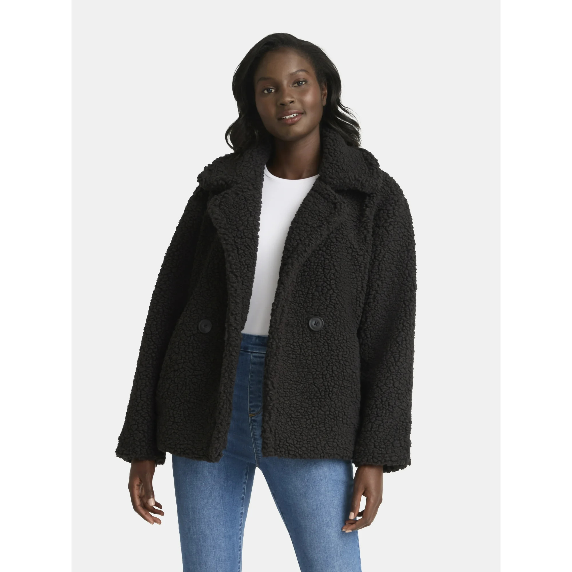 Time and Tru Women's and Women's Plus Teddy Double Breasted Jacket, Sizes XS-3X | Walmart (US)