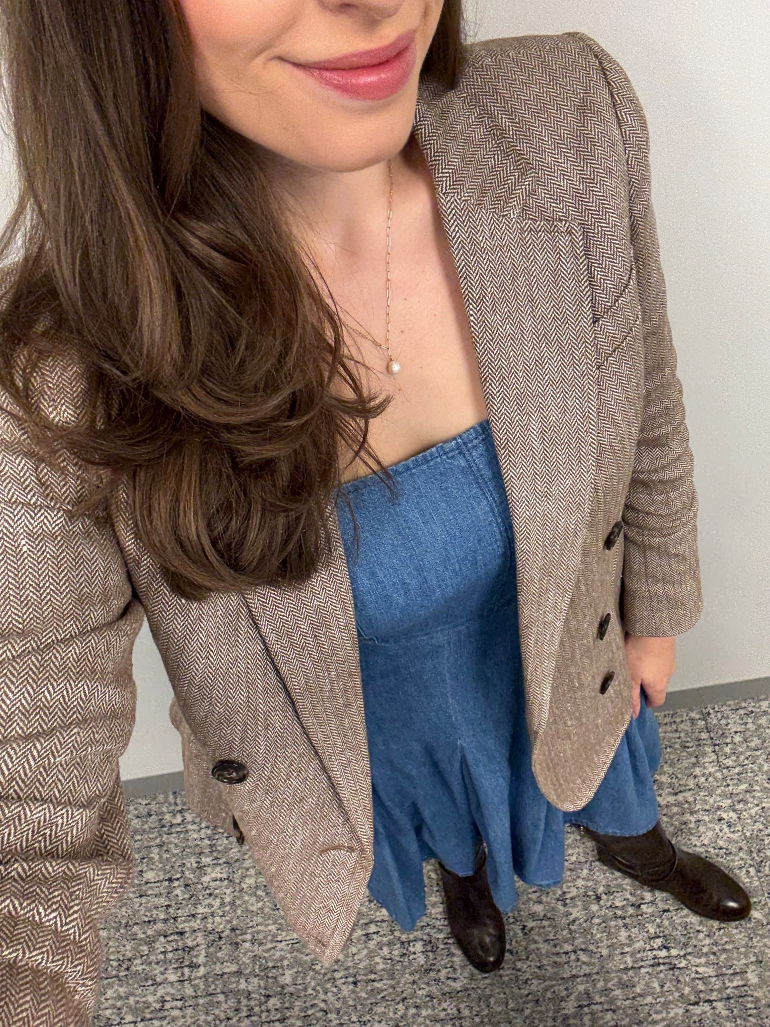 Office style, office outfit, workwear, business casual, fall workwear, lawyer, attorney, law firm style, casual friday, corporate style, tweed blazer, herringbone blazer, double breasted blazer, denim dress, chambray dress, brown riding boots, tall brown riding boots

#LTKTall #LTKSeasonal #LTKWorkwear