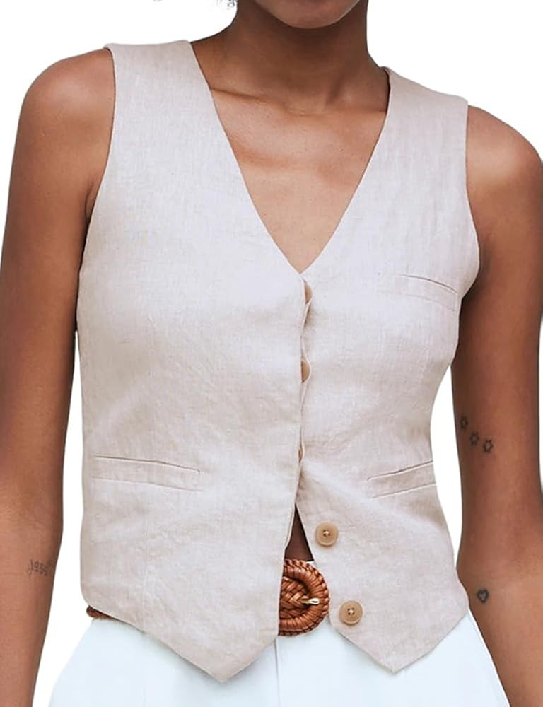 IDEALSANXUN Womens Linen Vest Spring Summer Cropped Button Down Suit Vest Tops | Amazon (US)