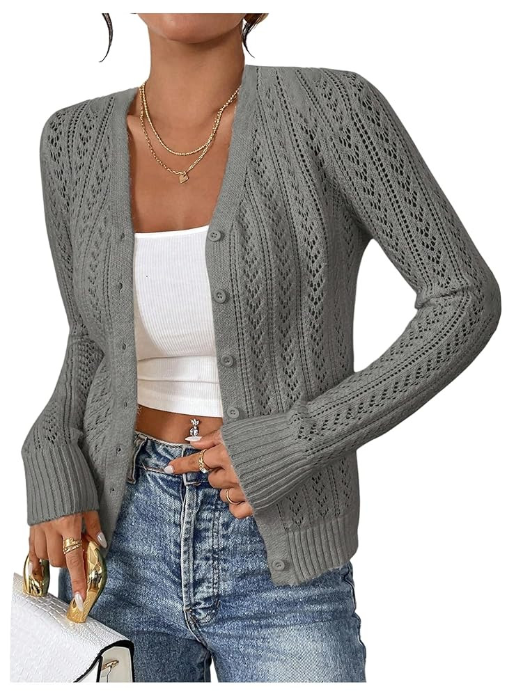 SHENHE Women's Pointelle Sweater Cardigan Crochet Hollow Out Eyelet Button Up Cropped Cardigan | Amazon (US)