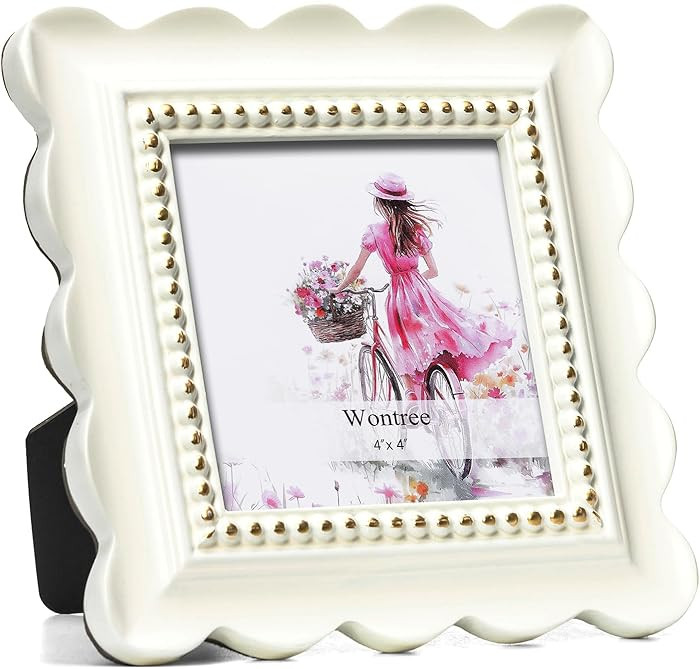 Wavy 4x4 Picture Frame White with Gold Beaded Trim, Resin Frame with Real Glass, Vertical and Hor... | Amazon (US)