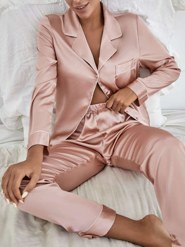 Contrast Piping Patched Pocket Satin PJ Set | SHEIN