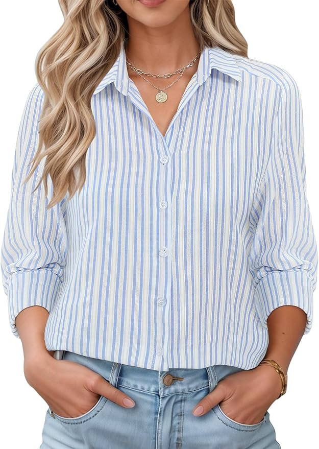 LOMON Women Oversized Linen Button Down Blouses Long Sleeve Tops Cotton Breathable Tops Blue and ... | Amazon (US)