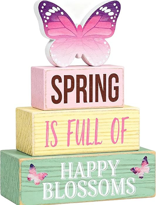 Spring Decoration Wooden Tiered Tray Decor \u2013 Butterfly Spring Stacked Block Sign with Floral... | Amazon (US)