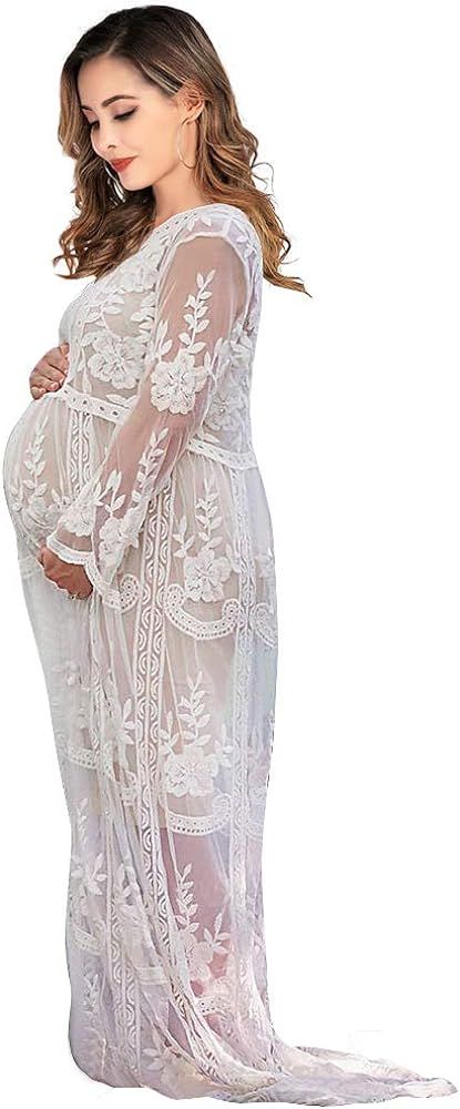 Women's Long Sleeve V Neck White Lace Floral Maternity Gown Maxi Photography Dress | Amazon (US)