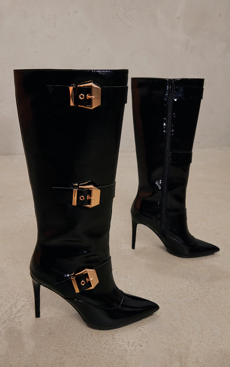 Black PU Patent Point Toe Buckle Knee High Heeled Boots | PrettyLittleThing US