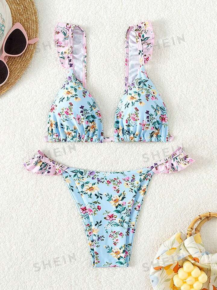 SHEIN Swim Mod Small Floral Print Ruffled Bralette Bikini Set With High Waisted Bottoms | SHEIN