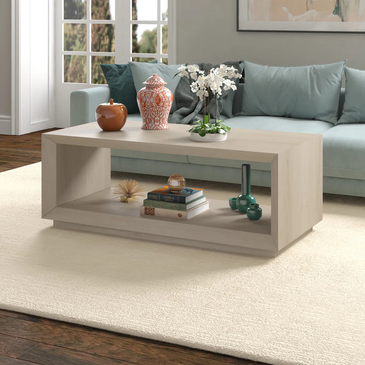 47.5" Wide Coffee Table with Open Lower Shelf — Alder White Scandinavian MDF Center Table for L... | Wayfair North America