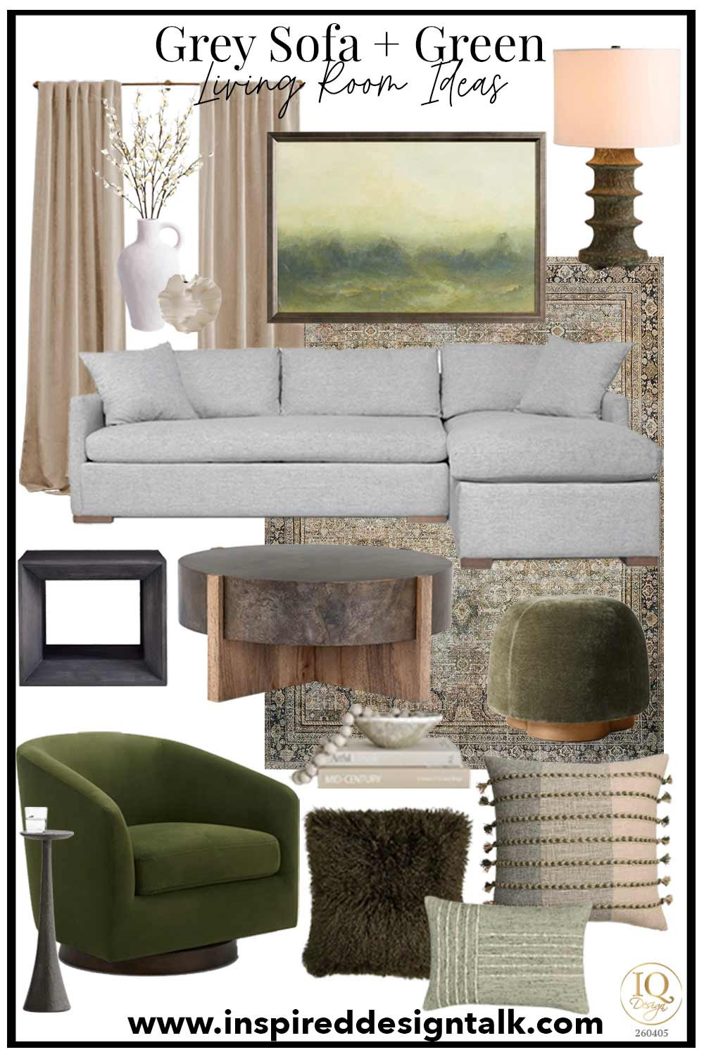If you’re decorating around a grey sofa, this living room design shows exactly how to warm it up and make it feel rich, layered, and designer. This space mixes a neutral grey sectional with deep olive green accents, warm wood tones, organic textures, and soft neutrals for a cozy high-end look on a budget.

Shop this look to recreate a modern organic living room with:

• Grey sectional sofa (the perfect neutral foundation)
• Olive green accent chair for depth and contrast
• Green velvet ottomans for texture + extra seating
• Neutral textured throw pillows for layering and softness
• Dark moody accent pillows for contrast and balance
• Warm wood + stone coffee table for an elevated designer look
• Black sculptural side tables for contrast and modern edge
• Beige curtains to soften the room and frame the windows
• Oversized landscape wall art with green tones to tie the palette together
• Table lamps with warm linen shades for cozy ambient lighting
• Vintage-inspired neutral area rug to ground the entire space
• Decorative vase + coffee table styling pieces for that finished designer touch

This grey sofa living room color scheme works beautifully if your space feels too cold, too plain, or like it’s missing personality. The olive green adds richness and warmth without overwhelming the neutral palette, while the layered textures create that expensive, collected look designers always use.

Perfect for: grey sofa living room ideas, grey couch decor, green and grey living room ideas, olive green living room decor, neutral living room ideas, modern organic living room, cozy living room design, decorating with green accents, luxury living room ideas, designer living room inspiration

👉 Shop all the pieces to recreate this look in your home 

 #LTKSeasonal #LTKOver40 #LTKHome