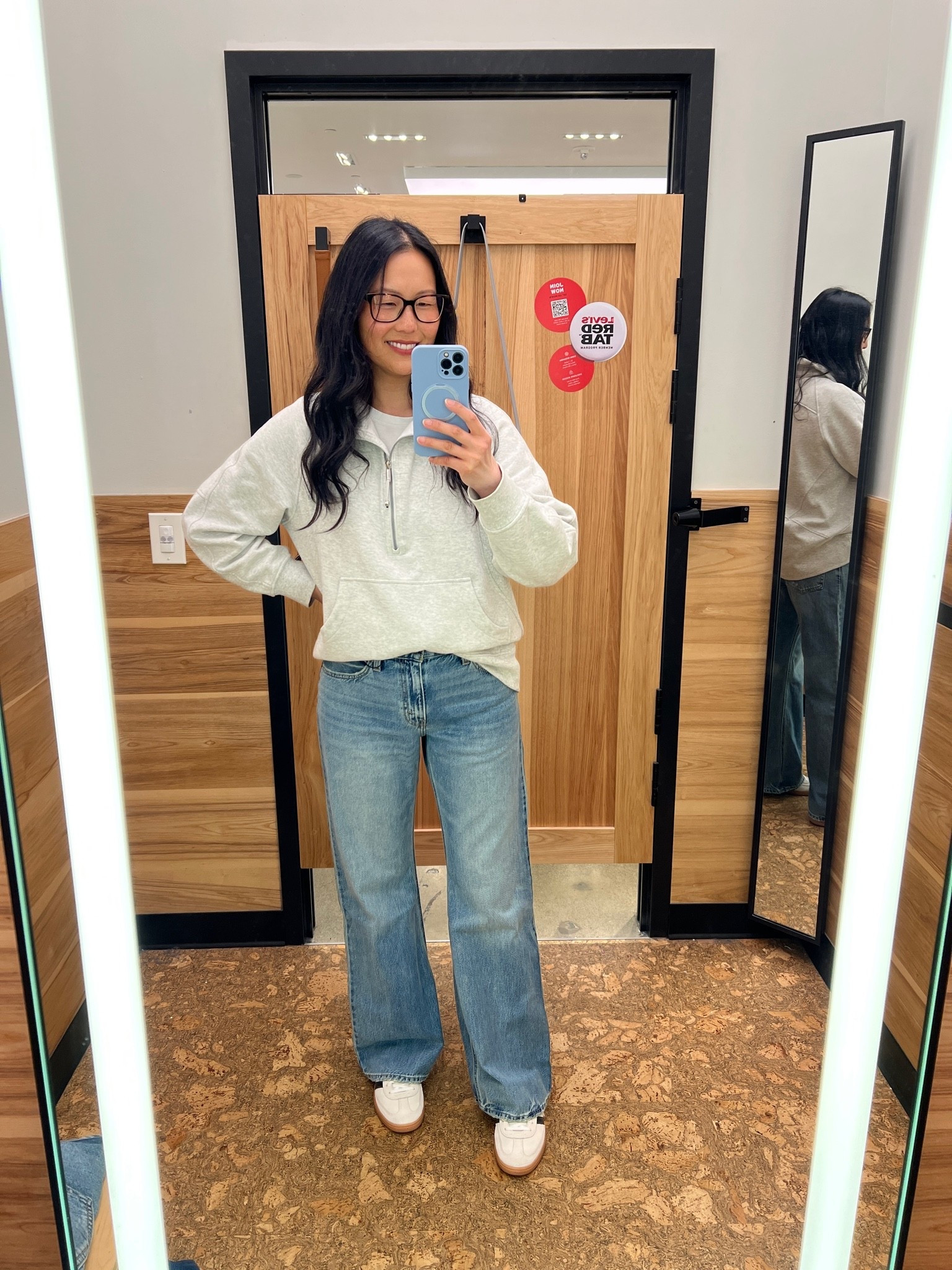 Levi’s loose boot - mid rise, no stretch, mid weight, flattering fit, tts, wearing 28x33, I’m 5’9”
Lululemon scuba tunic sweatshirt - wearing M/L, don’t dry on high if you don’t want any shrinkage
Adidas Spezial - tts