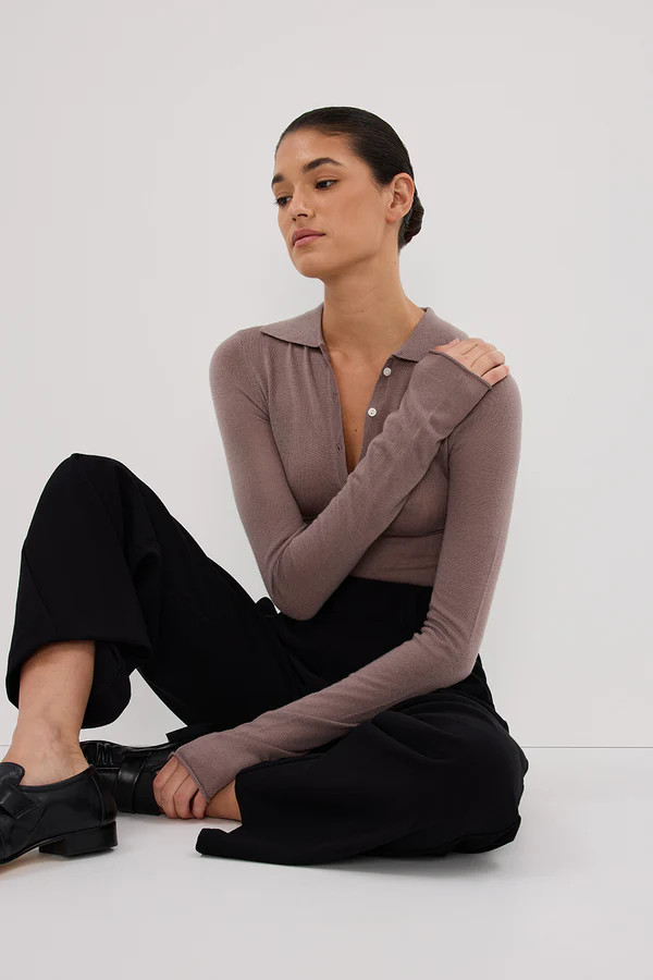 JANE TAUPE MERINO POLO KNIT TOP | DISSH