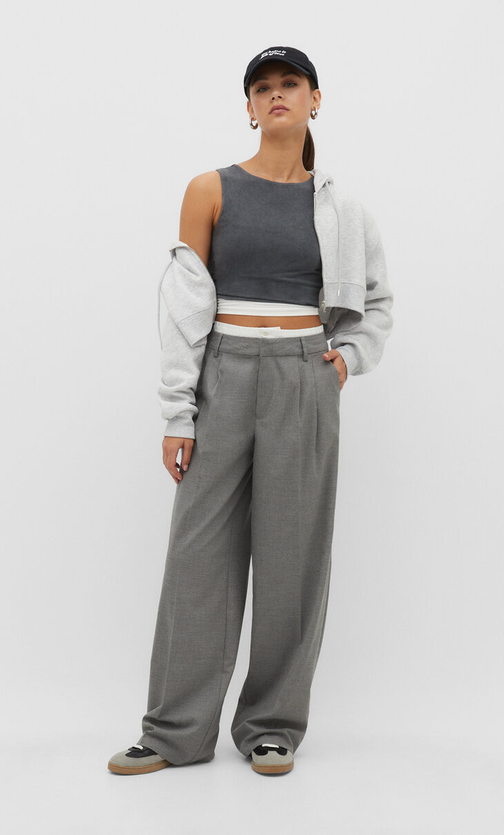 Trousers with waistband - Women's fashion | Stradivarius United Kingdom | Stradivarius (UK)