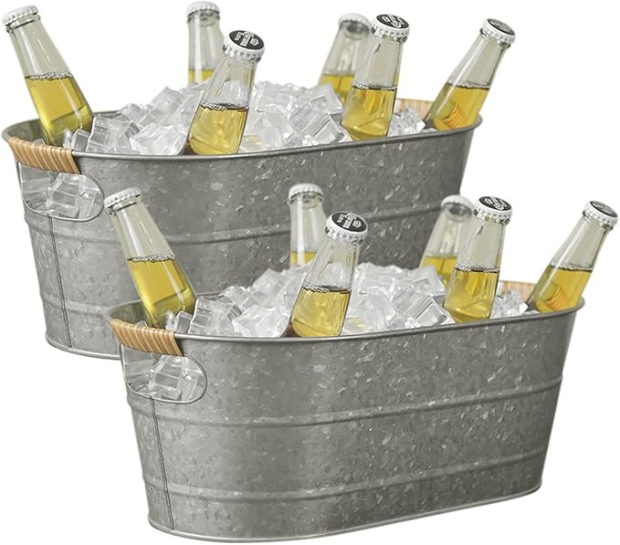 Ice Bucket Galvanized Tub, 2 Pcs 3 Gallon Oval Beverage Tub, Drink Buckets for Parties, Metal Buc... | Amazon (US)