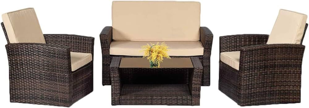 FDW Sectional Sofa Rattan Chair Wicker Conversation Set Outdoor Backyard Porch Poolside Balcony G... | Amazon (US)