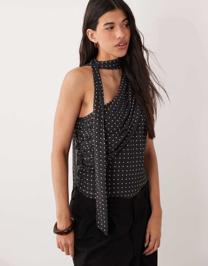 YAS one shoulder ruched scarf top in black and white polka dot | ASOS (Global)