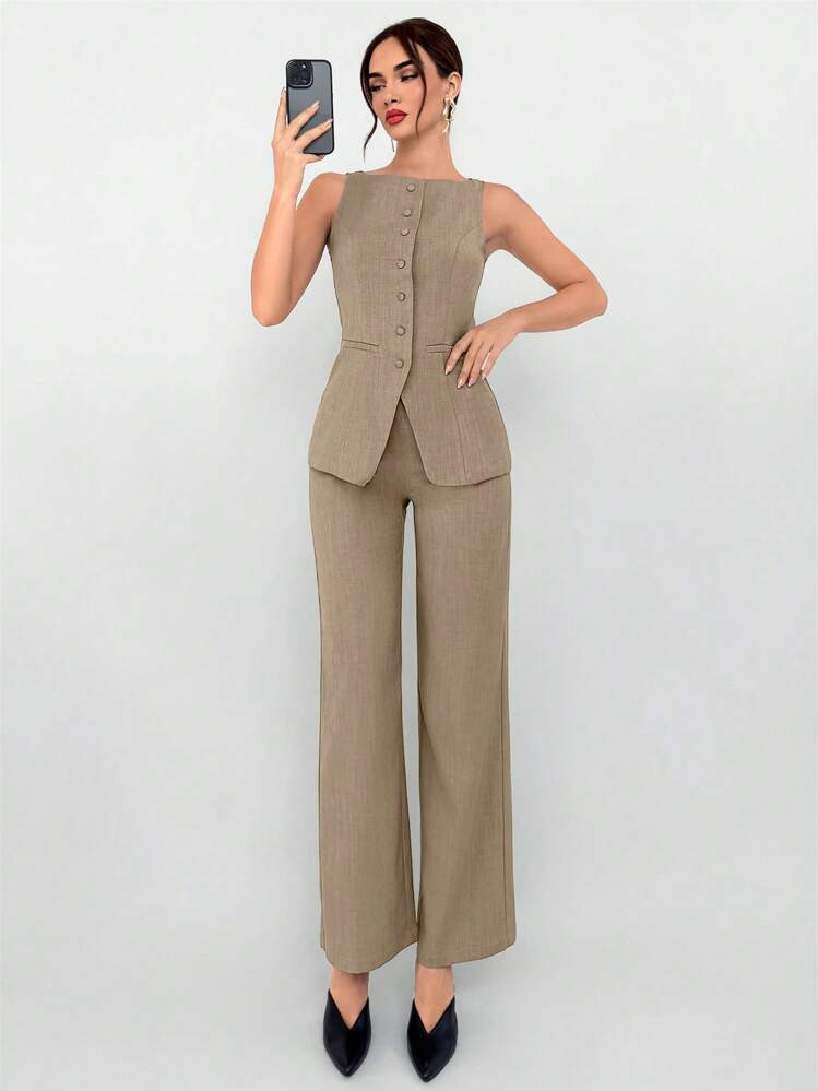 Aloruh 2pcs Women Business Suit Set: Khaki Collarless Vest With Faux Pockets & Long Pants, Profes... | SHEIN