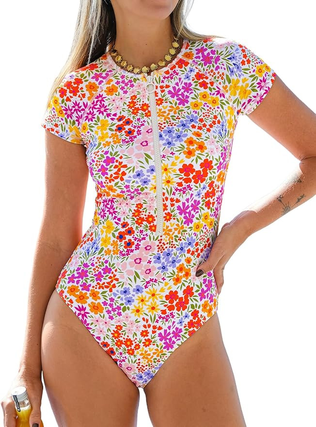 CUPSHE One Piece Swimsuit for Women Mock Neck Zipper Short Sleeve Bathing Suit | Amazon (US)