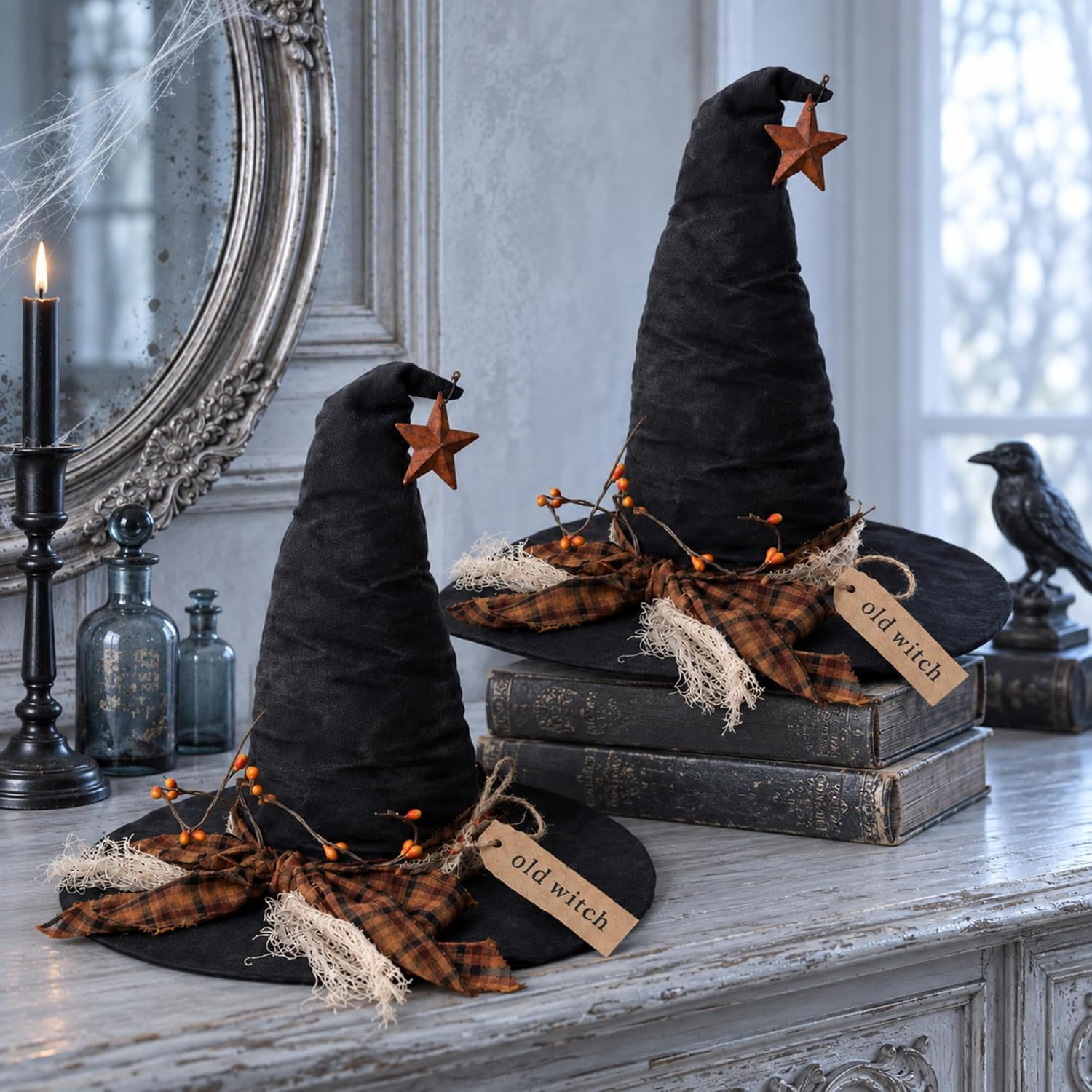 Berlune 2 Pcs Halloween Primitive Witch Hat Table Decor, 11" Rustic Vintage | Amazon (US)