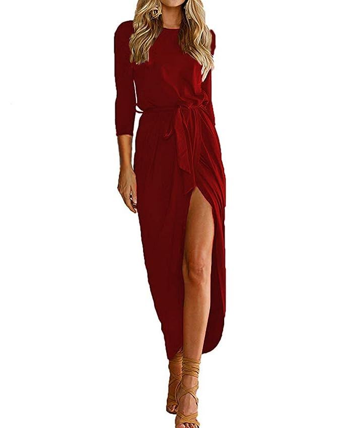 Qearal Women Short/3/4 Sleeve Belted Dress Elastic Waist Slit Long Maxi Dress | Amazon (US)