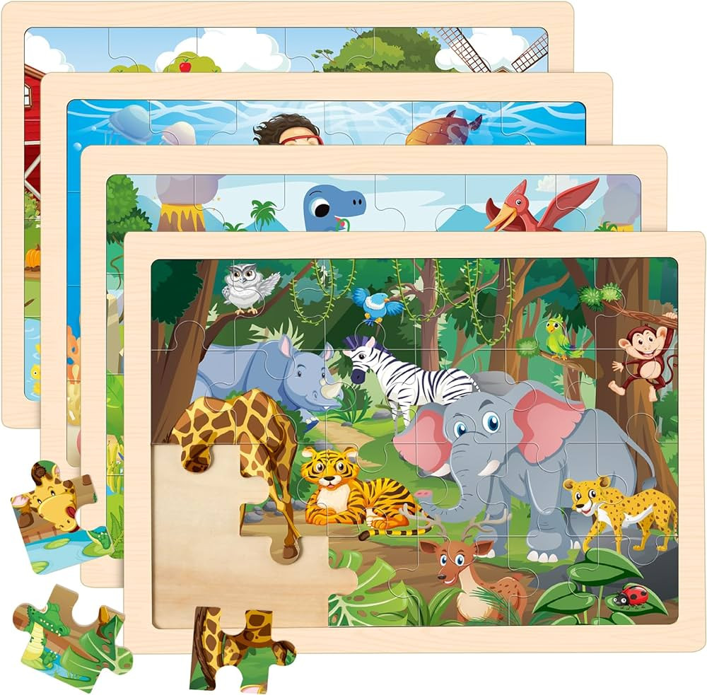 4 Packs Puzzles for Kids Ages 4-6, Wooden Animals Jigsaw Puzzles for Toddlers Ages 2-4, Preschool... | Amazon (US)