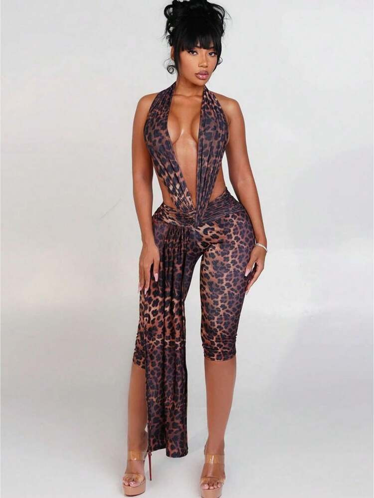 Women Deep V Neck Sleeveless Backless Bodycon Capri Jumpsuit Halter Party Club Rompers One Piece Outfits | SHEIN