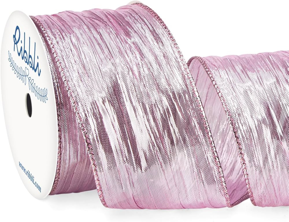 Ribbli Champagne Pink Crinkled Wired Ribbon with Metallic Edge, Pink Christmas Ribbon for Garland... | Amazon (US)