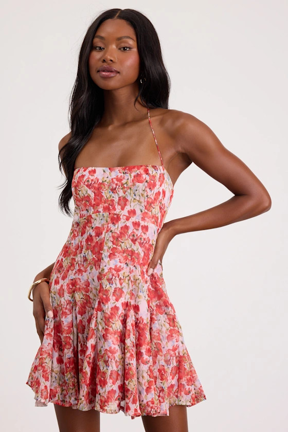 Sophrina Red Floral Halter Mini Dress | Lulus