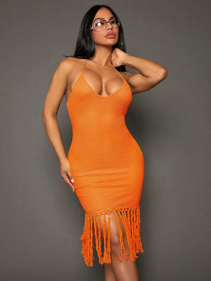 SHEIN SXY Fringe Hem Tie Backless Halter Bodycon Dress | SHEIN