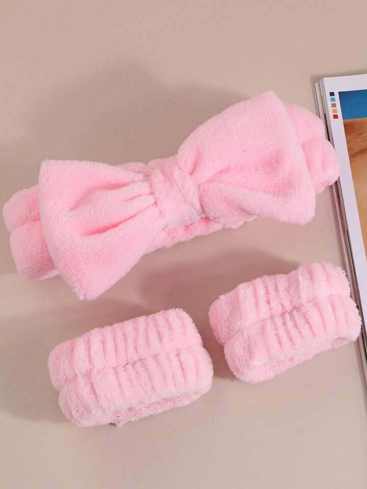 1 Peça Faixa De Cabelo Com Laço Fofo E Macio Rosa, Headband De Maquiagem, 2 Peças Pulseiras Macias E Fofas Rosas, Conjunto De Faixa De Cabelo E Pulseira Com Laço Fofo E Macio Rosa, Adequado Para Lavar O Rosto, Maquiagem, Cuidados Com A Pele, Spa, Enviar Presentes Para Amigos, Namoradas, Esposas, Mães, Ou Para O Dia Dos Namorados, Aniversários E Feriados, Decoração De Casa De Banho Verão | SHEIN