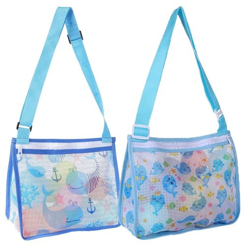 2 Pack Seashell Mesh Bags with Zipper, Shell Bag for Sand Toys Mesh Bag for Toys, Beach Must Haves for Kids Beach Essentials (Light Blue Whale + Light Blue Dolphin) | Amazon (US)