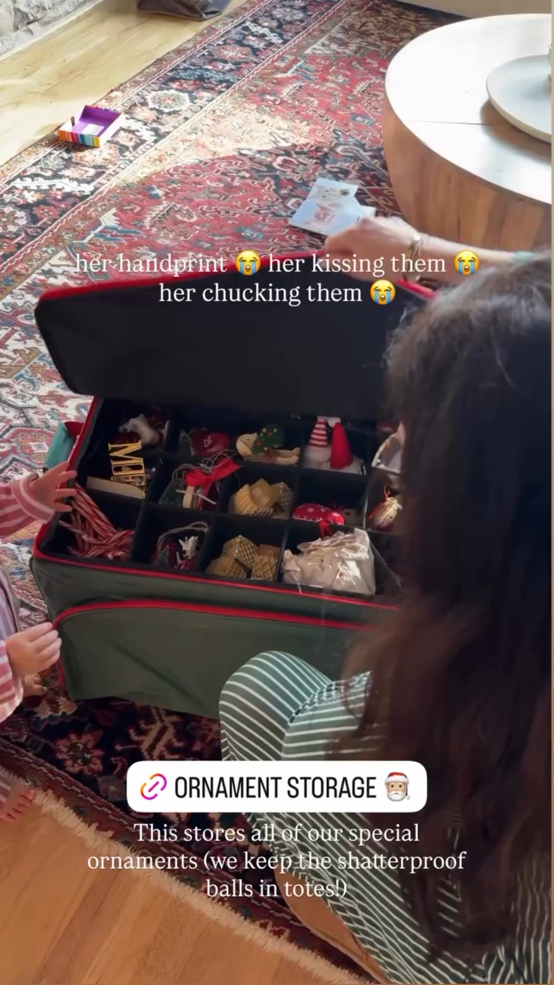 This stores all of our special ornaments (we keep the shatterproof balls in totes!) her handprint 😭 her kissing them 😭
her chucking them 😭

#holiday #storage #organization