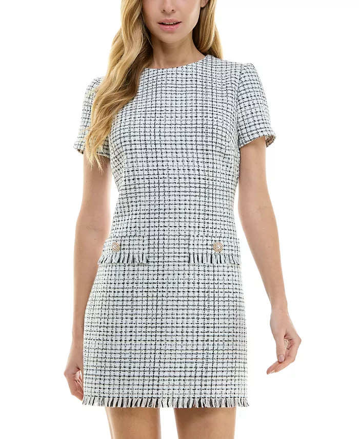 City Studios Juniors' Check Fringe-Trim Shift Dress - Macy's | Macy's