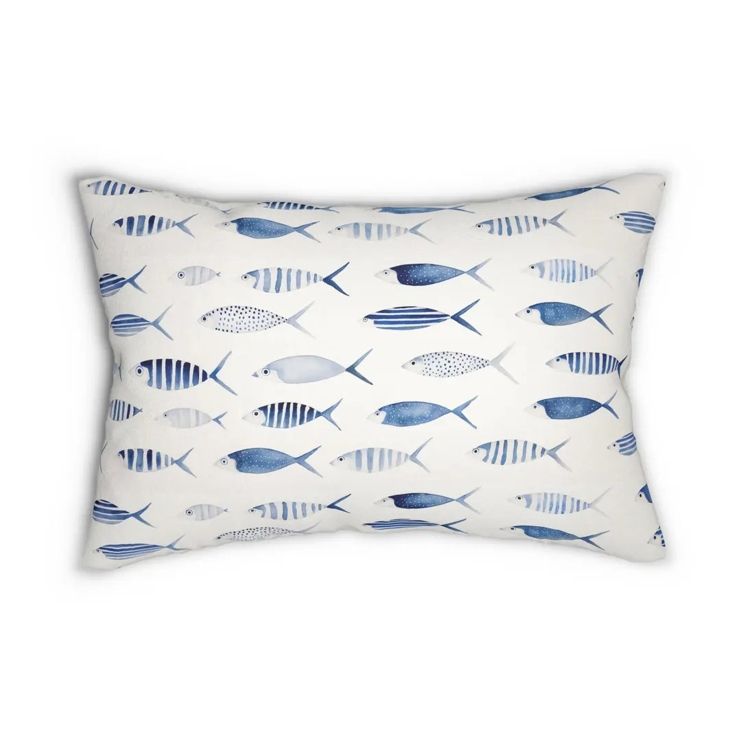 Reversible Blue Fish Lumbar Pillow, Nursery fish pillow, Nautical fish pillow, Coastal pillow, Co... | Etsy (US)