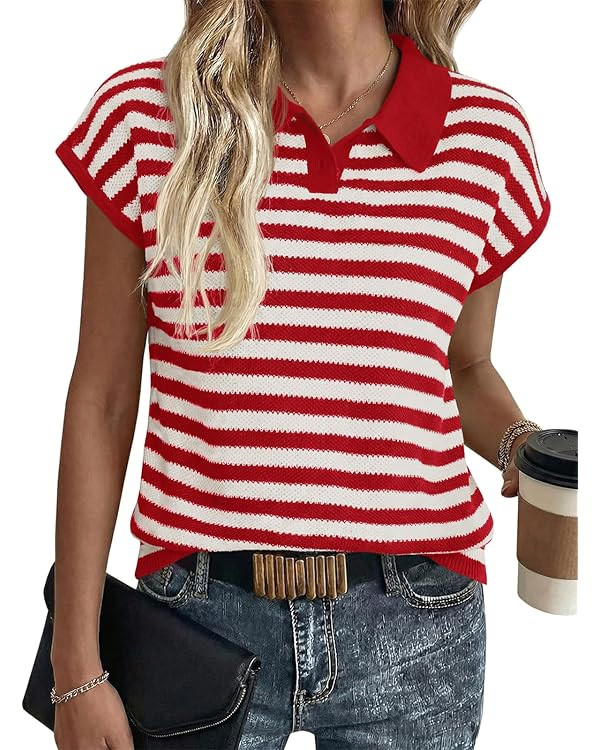 Saodimallsu Womens Striped Polo Sweater Cap Sleeve Summer Top Button V Neck Collared Knit Pullove... | Amazon (US)