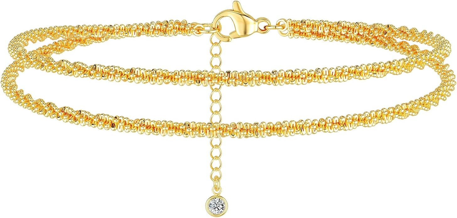 Ankle Bracelets for Women, Glitter Waterproof Adjustable Anklet for Women, 14K Gold Plated/Sterli... | Amazon (US)
