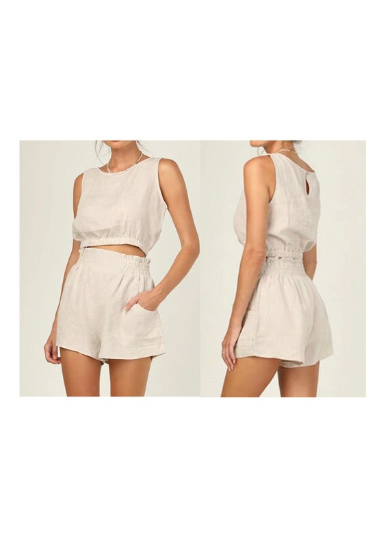 Linen Two-piece Top Short Casual Wear Set / Keyhole Back | Etsy | Etsy (US)