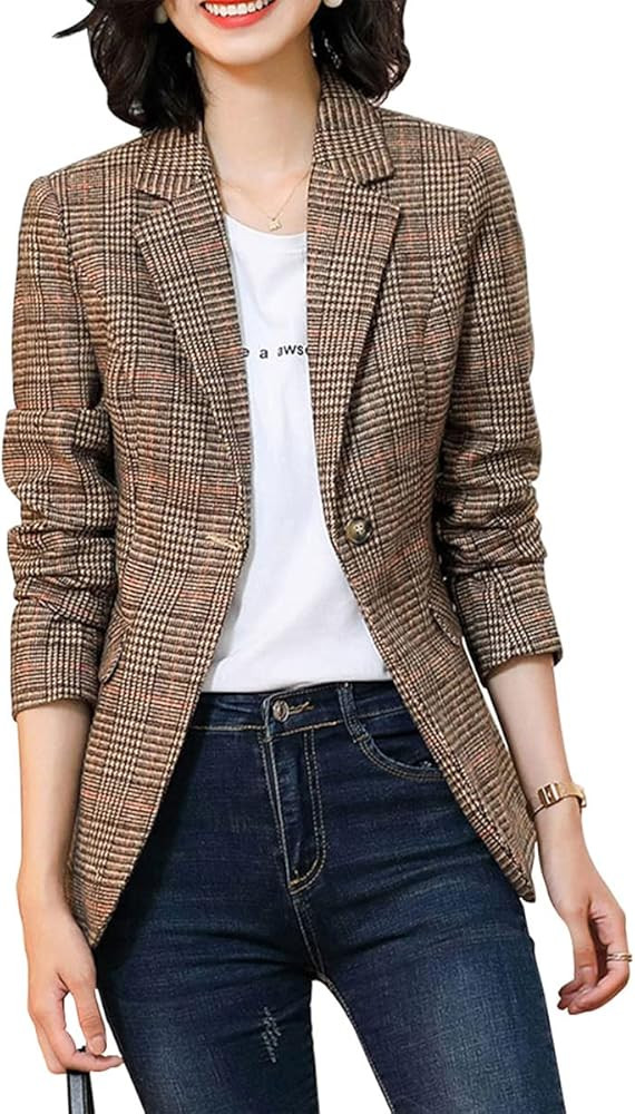 Leyoutx Womens Plaid Blazer Classic Notch Lapel Button Long Sleeve Slim Checker Jacket Outwear | Amazon (US)