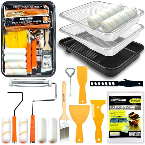 King Origin 18 Pcs Paint Roller Kit - 9" & 4" Paint Roller Covers, Paint Tray with Liners, Brush, Scrapers & Tools | All-in-One Painting Supplies for Walls, Ceilings, DIY Home | Paint Kit for House | Amazon (US)