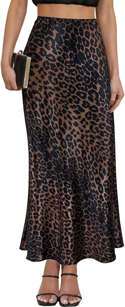 Women's Leopard Print Satin Maxi Skirt High Waisted Elastic Waistband Silk A-Line Casual Party 20... | Amazon (US)
