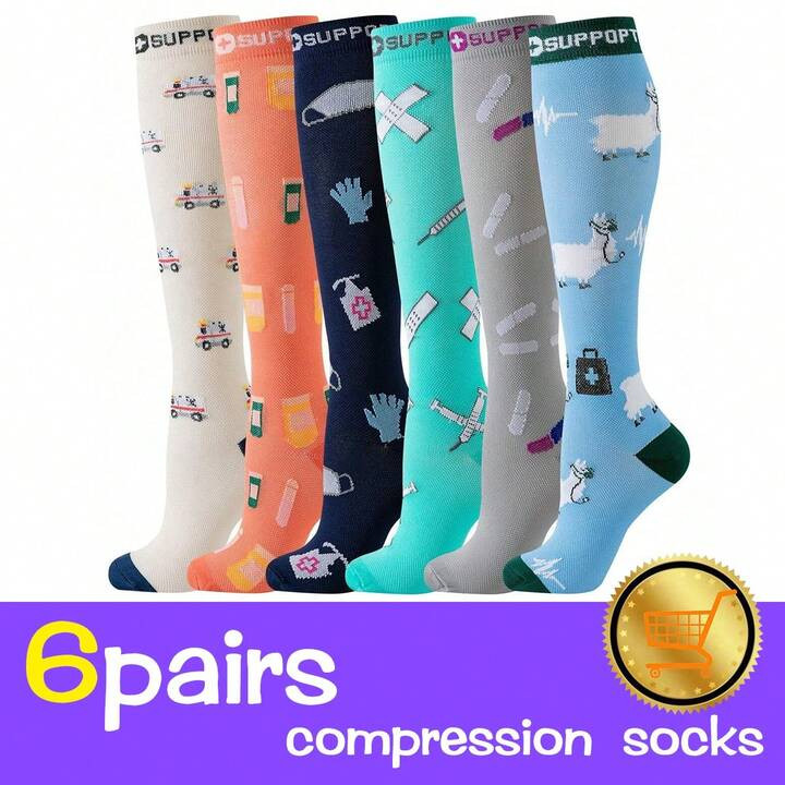 6 Pairs Fashionable Syringe & Pill Pattern Medical Compression Socks, Sports Socks For Nurses, Do... | SHEIN