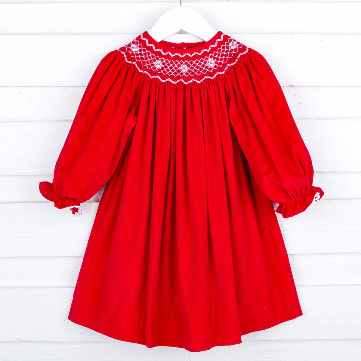 Red Corduroy Smocked Geo Bishop Long Sleeve Dress | Classic Whimsy