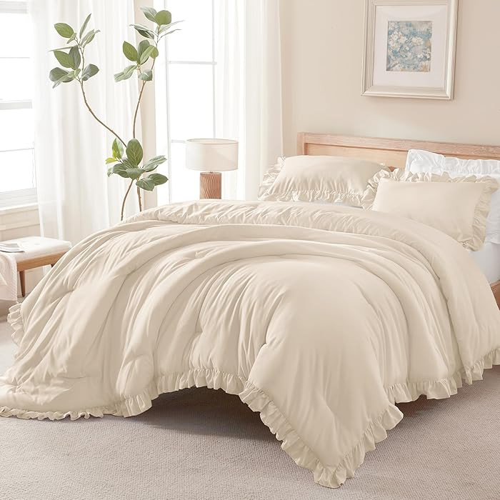 Andency Beige Comforter Set Queen Size, 3 Pieces Shabby Chic Ruffle Bedding Comforter Sets for Qu... | Amazon (US)