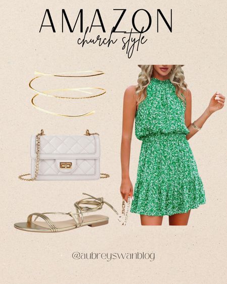 Church style from Amazon! 

Green sleeveless dress, straps gold sandals, white chain purse, gold arm cuff, Amazon style