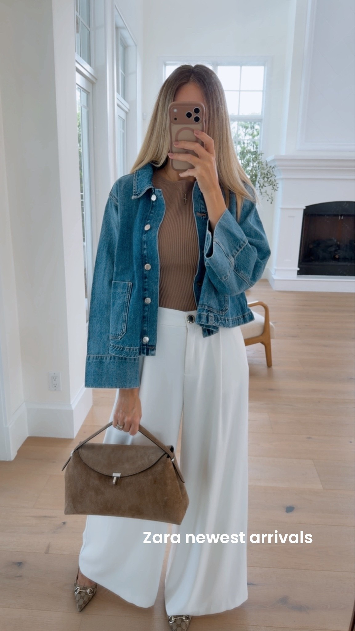 Zara newest arrivals 
Ultra flattering pants . Beautiful wide sleeves Jean jacket 
Wearing a size small on all pieces 
I am 5’9” for your reference