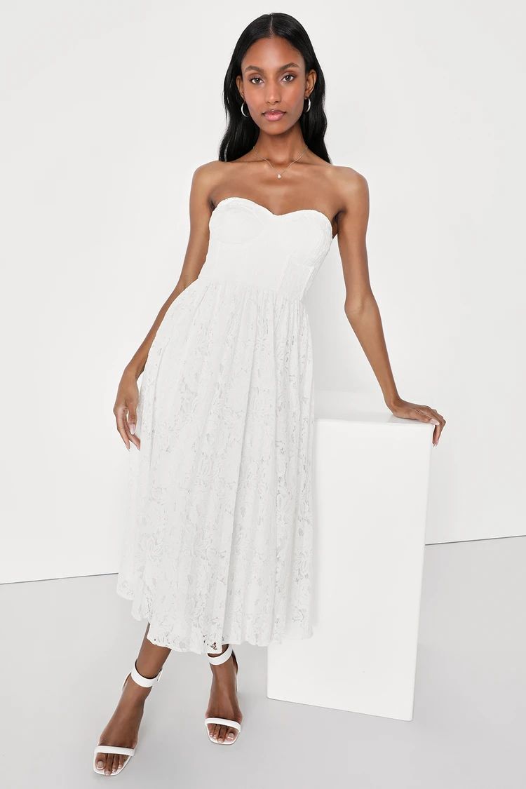 Exquisite Aura White Lace Strapless Bustier Midi Dress | Lulus (US)