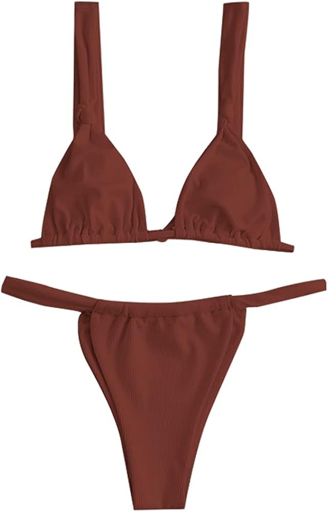 ZAFUL Womens Bikini Set Tie Knot Ruched Triangle Swimsuit Cheeky Swimwear Two Piece Bathing Suits | Amazon (US)